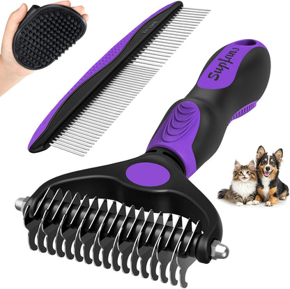 UGNEL 3PCS pet grooming rake and comb set front view showing purple gel handles.