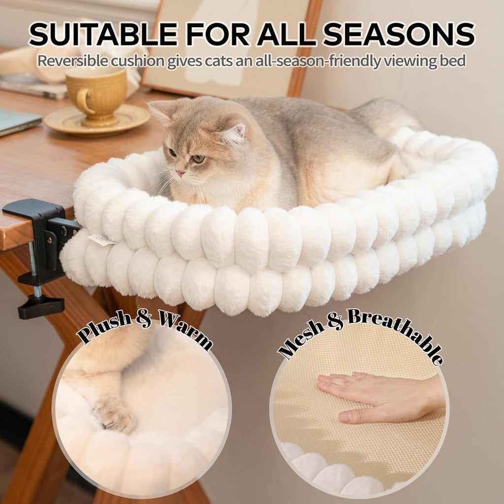 Cat resting on reversible plush side of desk bed