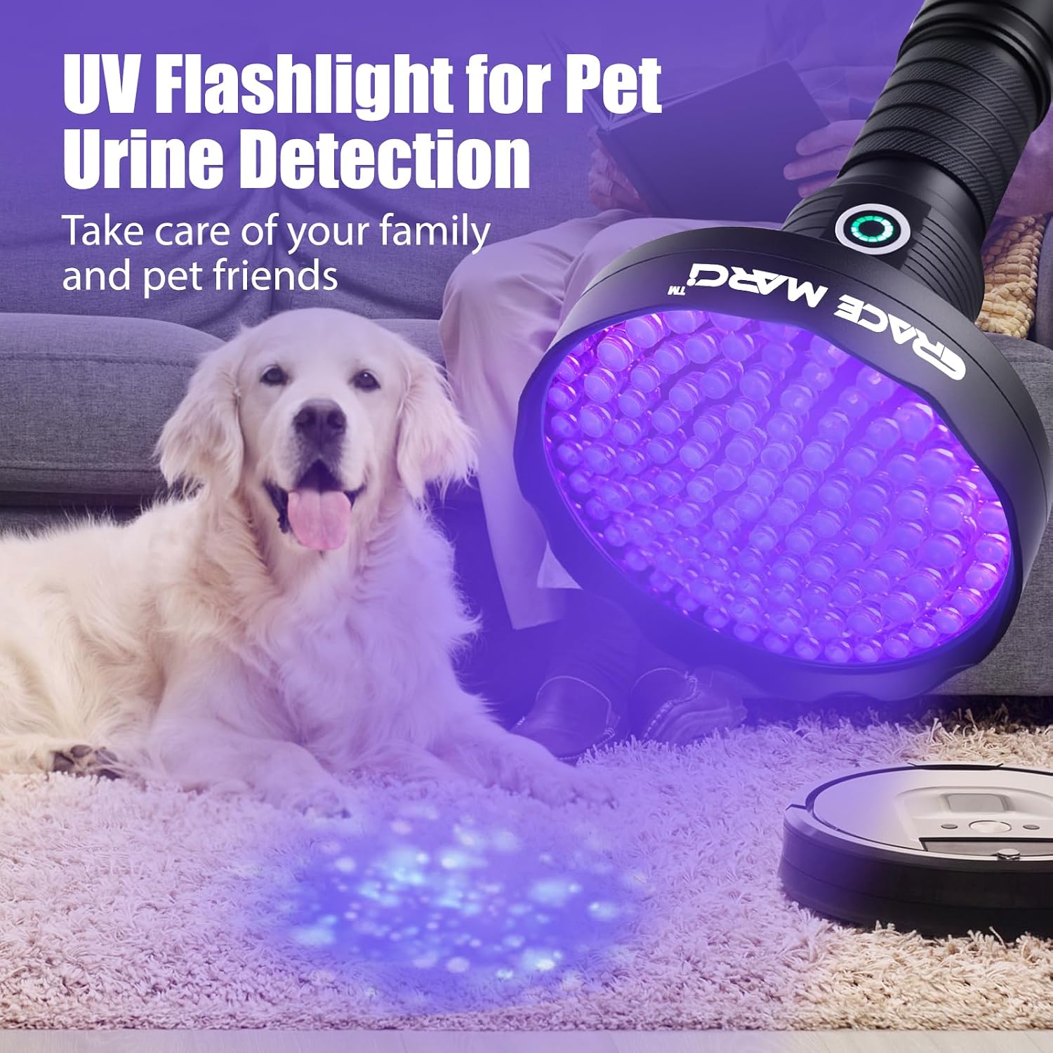 Grace Marci professional blacklight being used to inspect hotel bedding for cleanliness.