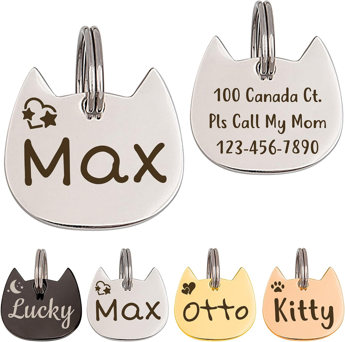 Anavia personalized cat head shape pet identification tag front view showing engraved name Max