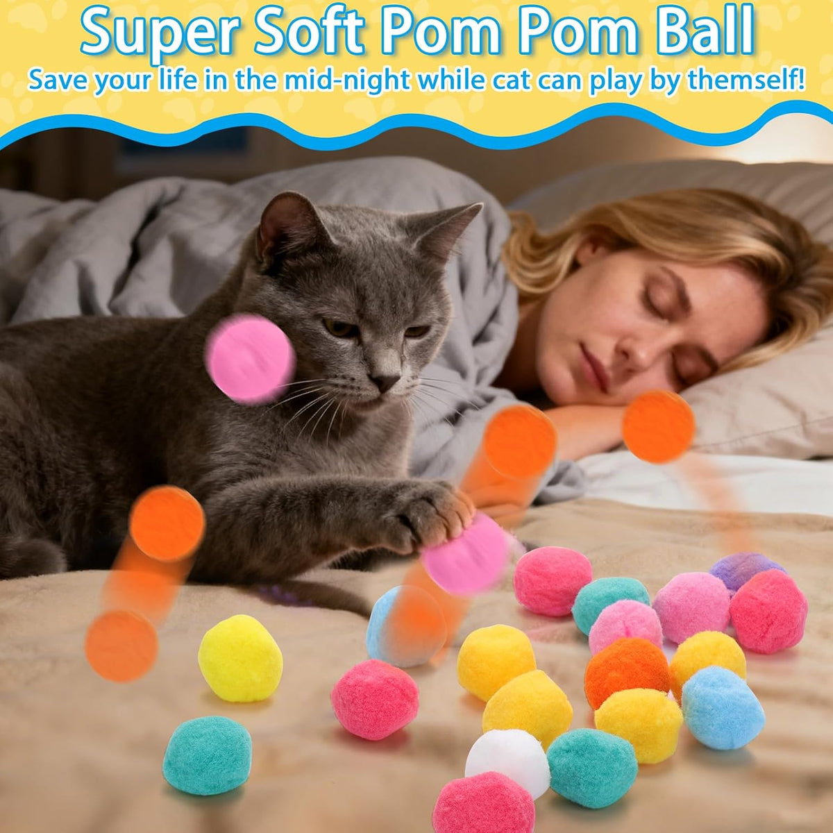 Close up of soft plush pom pom cat balls