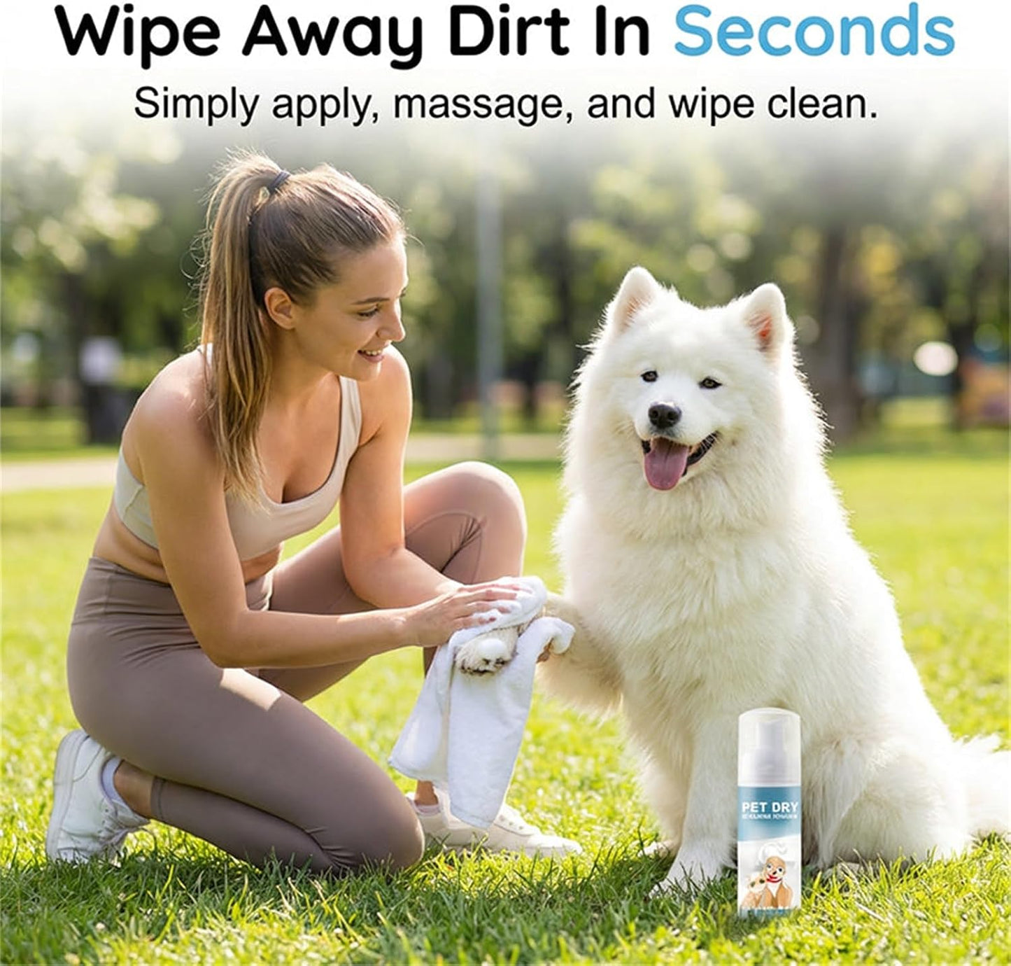 Portable pet paw cleaner foam packaging details and directions for waterless grooming.