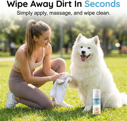 Portable pet paw cleaner foam packaging details and directions for waterless grooming.