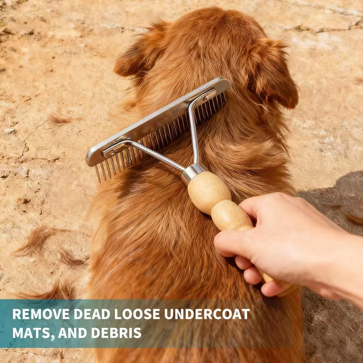 Undercoat Grooming Rake with Anti-Slip Wooden Handle, Steel Comb for Medium & Large Pets - Image 3