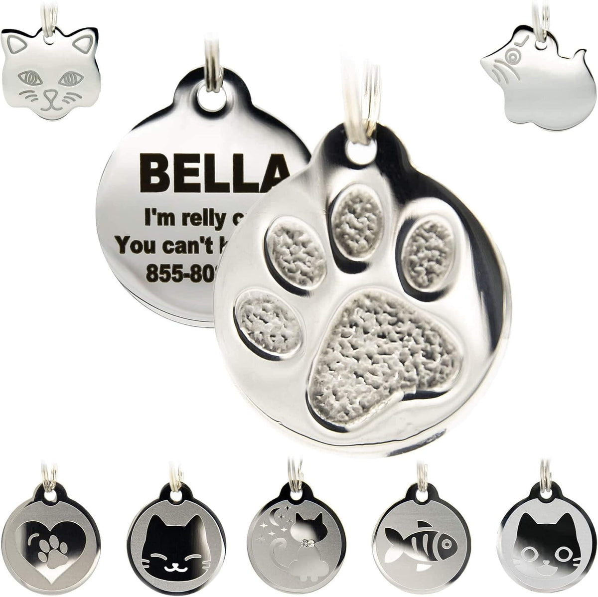Stainless Steel Cat ID Tags - Engraved Personalized Tags with up to 4 Lines of Text, Cat Shape - Image 9