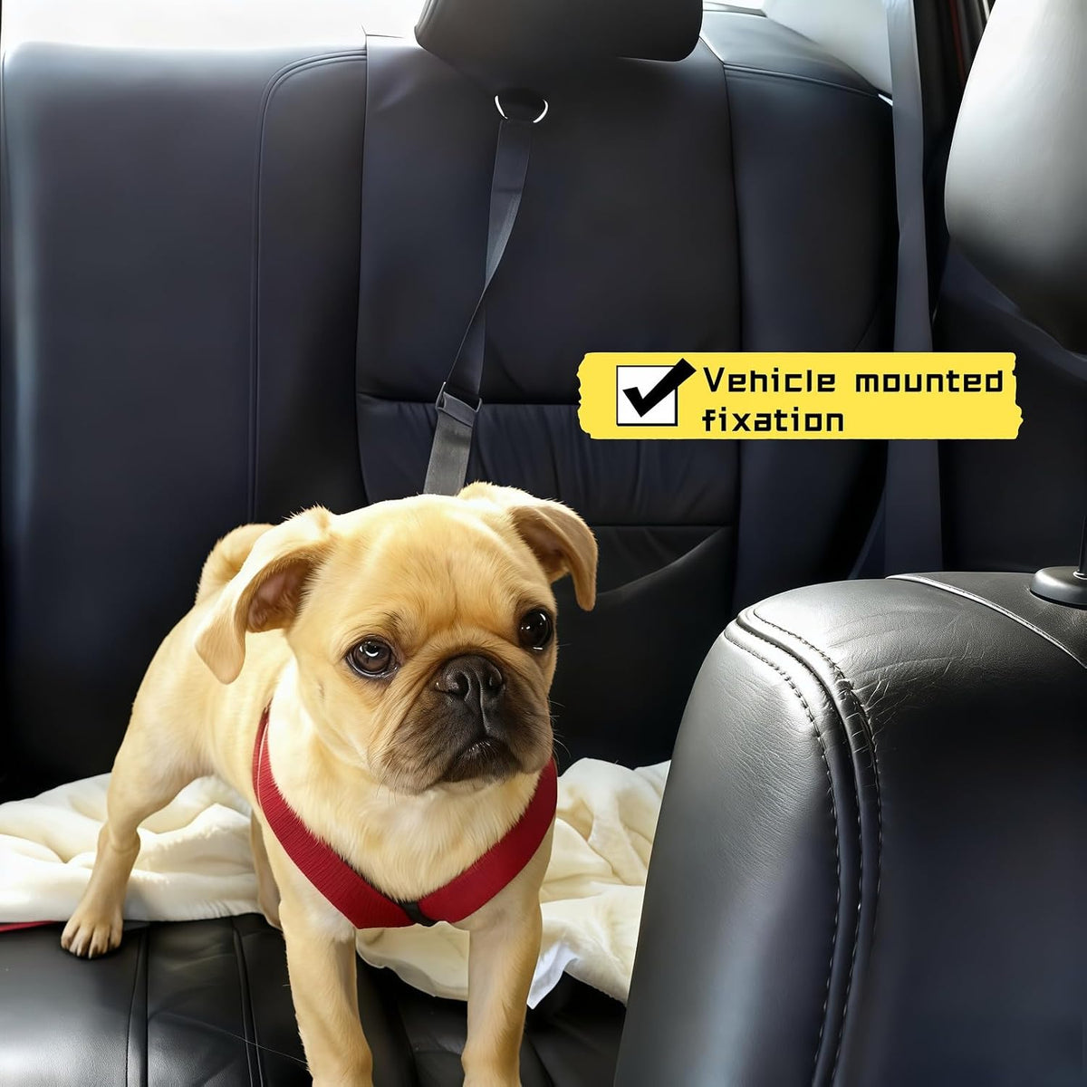 Dog wearing harness with car safety tether connected