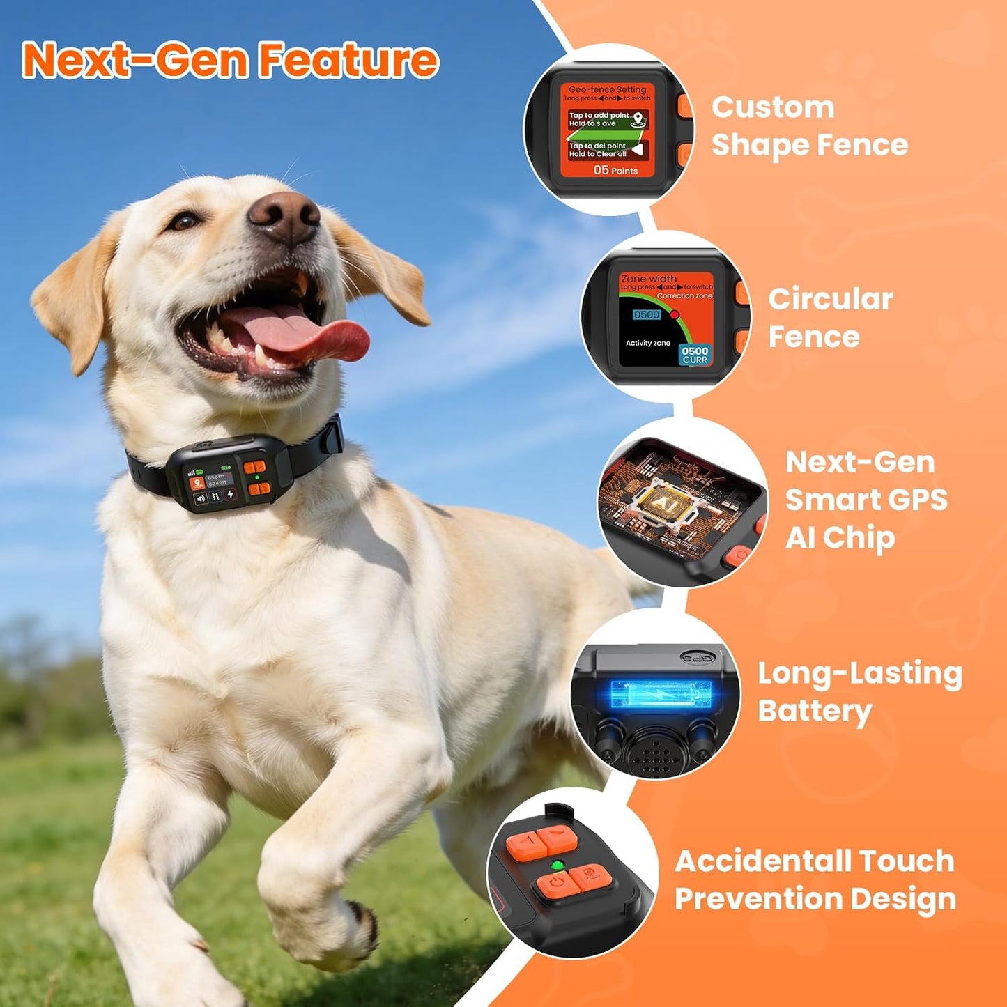 Rechargeable electric training collar for medium and large dogs showing safe contact points.
