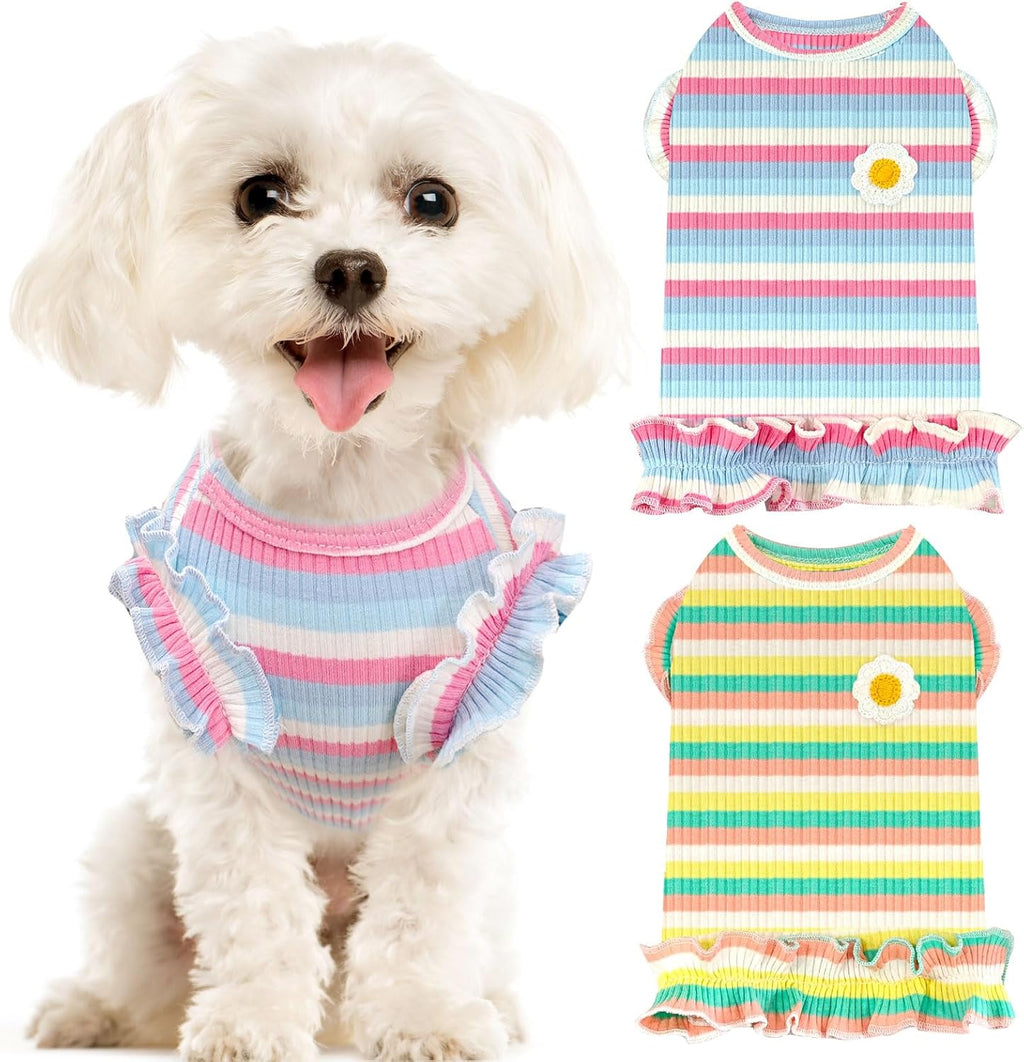 Xgdmeil 2 pack cute striped small dog t shirts front view purple green