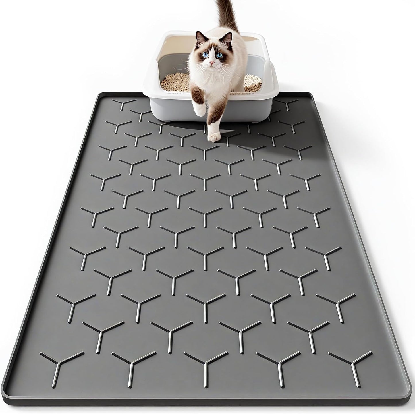 Bulkniu Large Silicone Cat Litter Mat, Waterproof/Urineproof, Litter Recycling, Easy to Clean, Soft on Kitty Paw (22"X34"- Grey) - Image 12