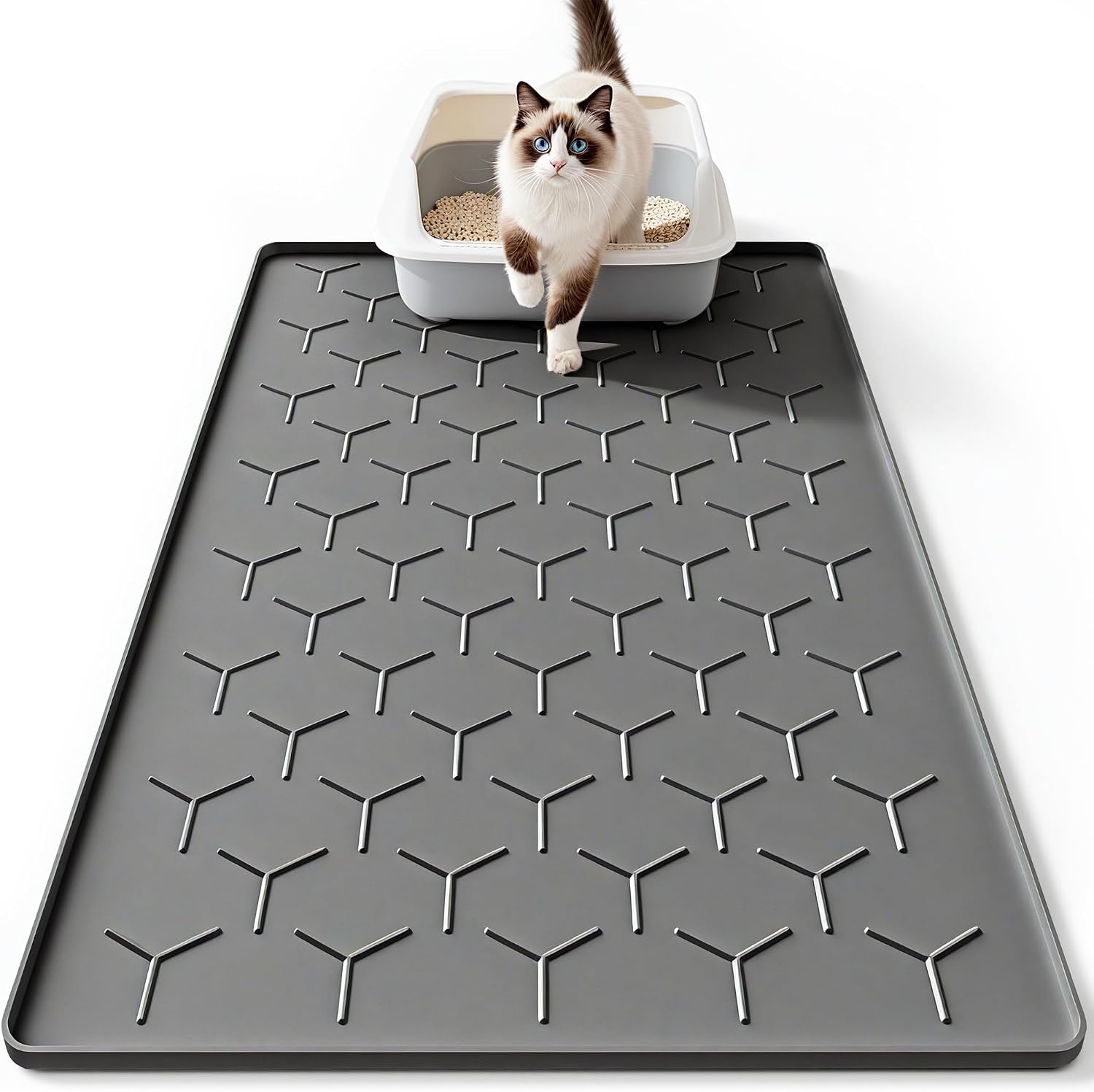 Bulkniu Large Silicone Cat Litter Mat, Waterproof/Urineproof, Litter Recycling, Easy to Clean, Soft on Kitty Paw (22"X34"- Grey) - Image 12