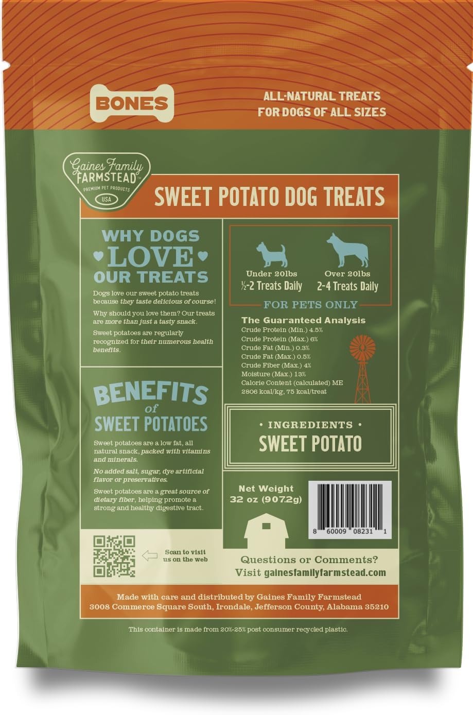 Gaines Family Farmstead Sweet Potato Dog Bones - 32 oz Bag, All-Natural, Single Ingredient, Grain-Free Dog Treats for Digestive Health, High Fiber - Training & Rewards, Made in USA - Image 9