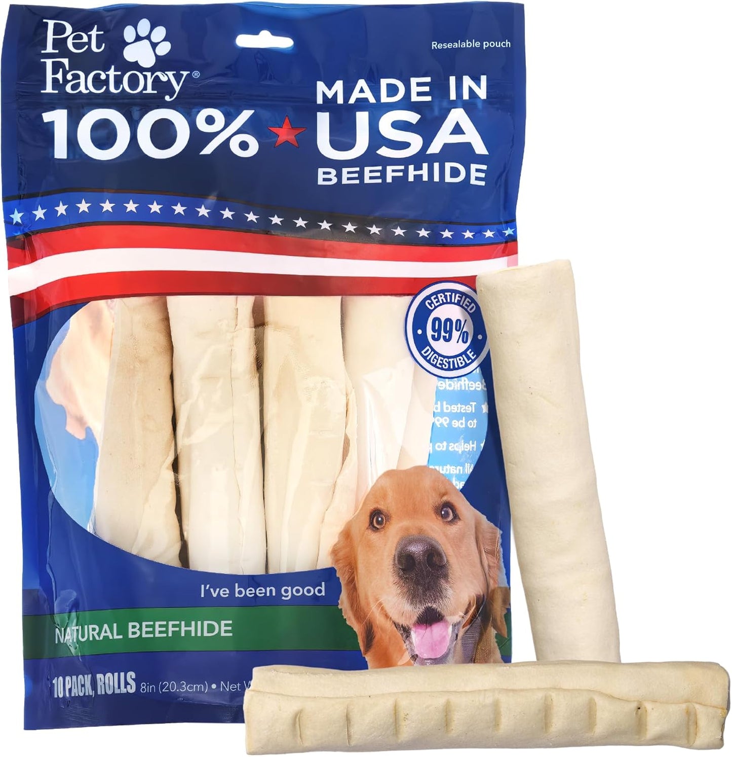 Pet Factory 100% Made in USA Beefhide 8-Inch Rolls front packaging view natural dog chews
