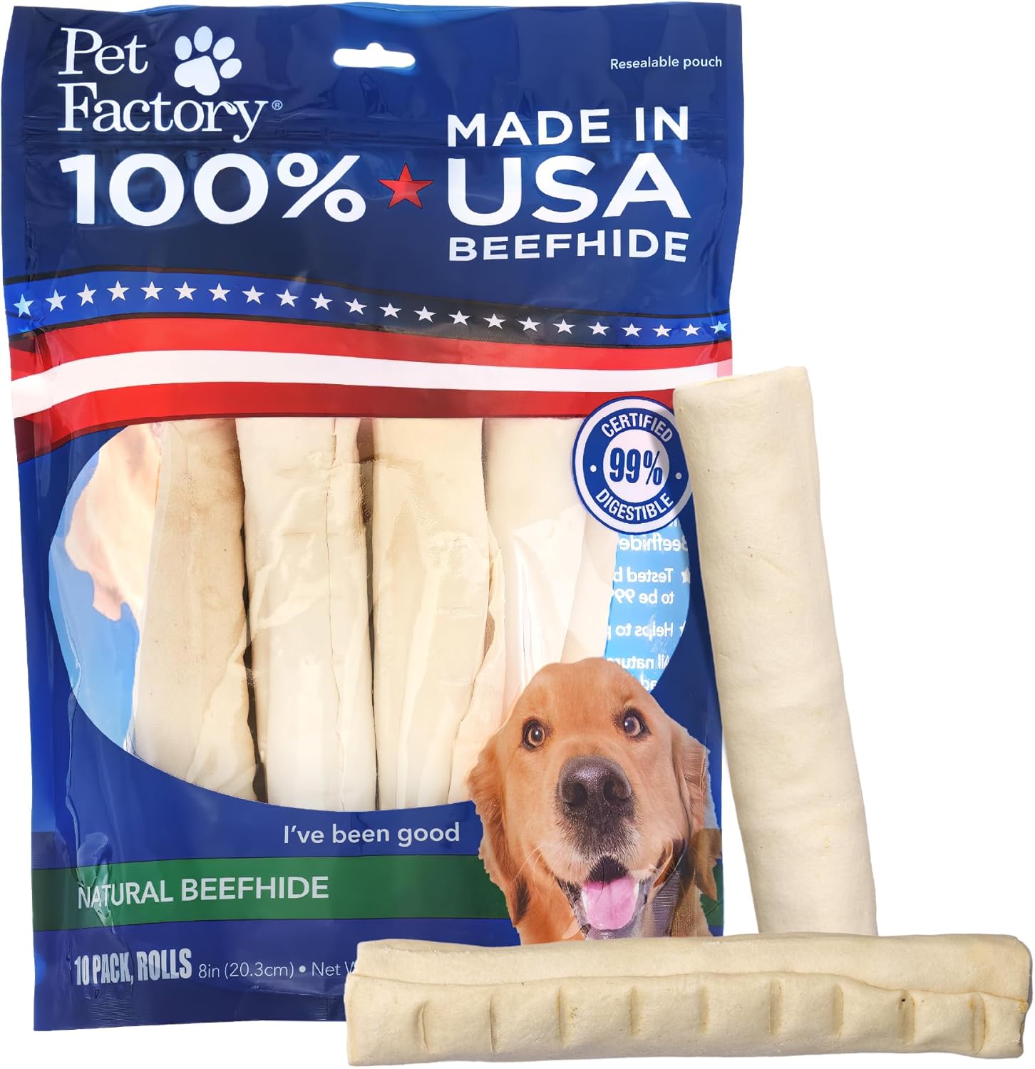 Pet Factory 100% Made in USA Beefhide 8-Inch Rolls front packaging view natural dog chews