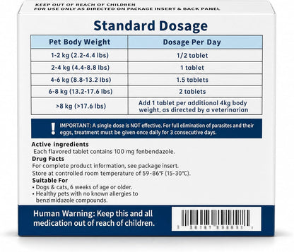 Broad spectrum pet deworming medicine packaging displaying ten tablet count