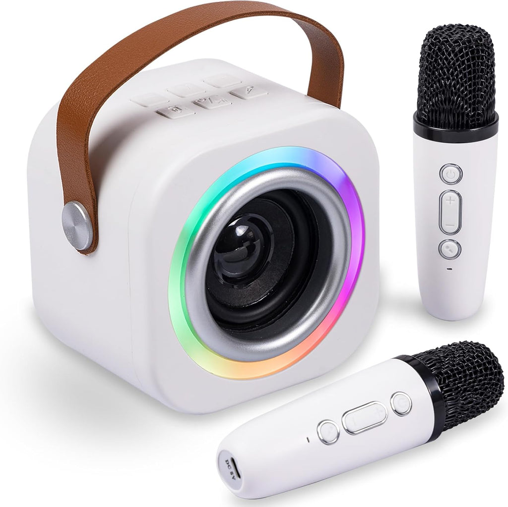 EGivwcvic mini karaoke machine for kids showing the front view of the white speaker with a leather handle and two matching wireless microphones