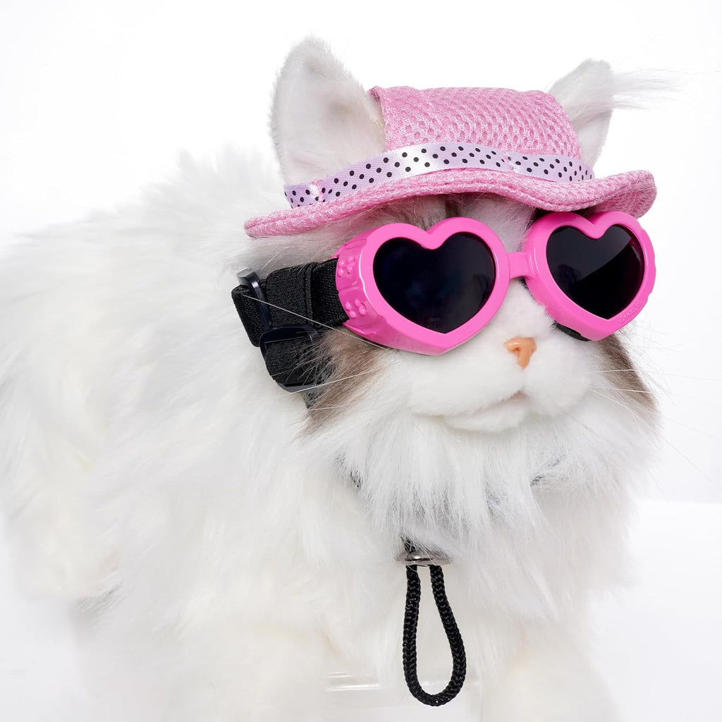 Side profile of dog wearing choyaxo sun hat and protective sunglasses