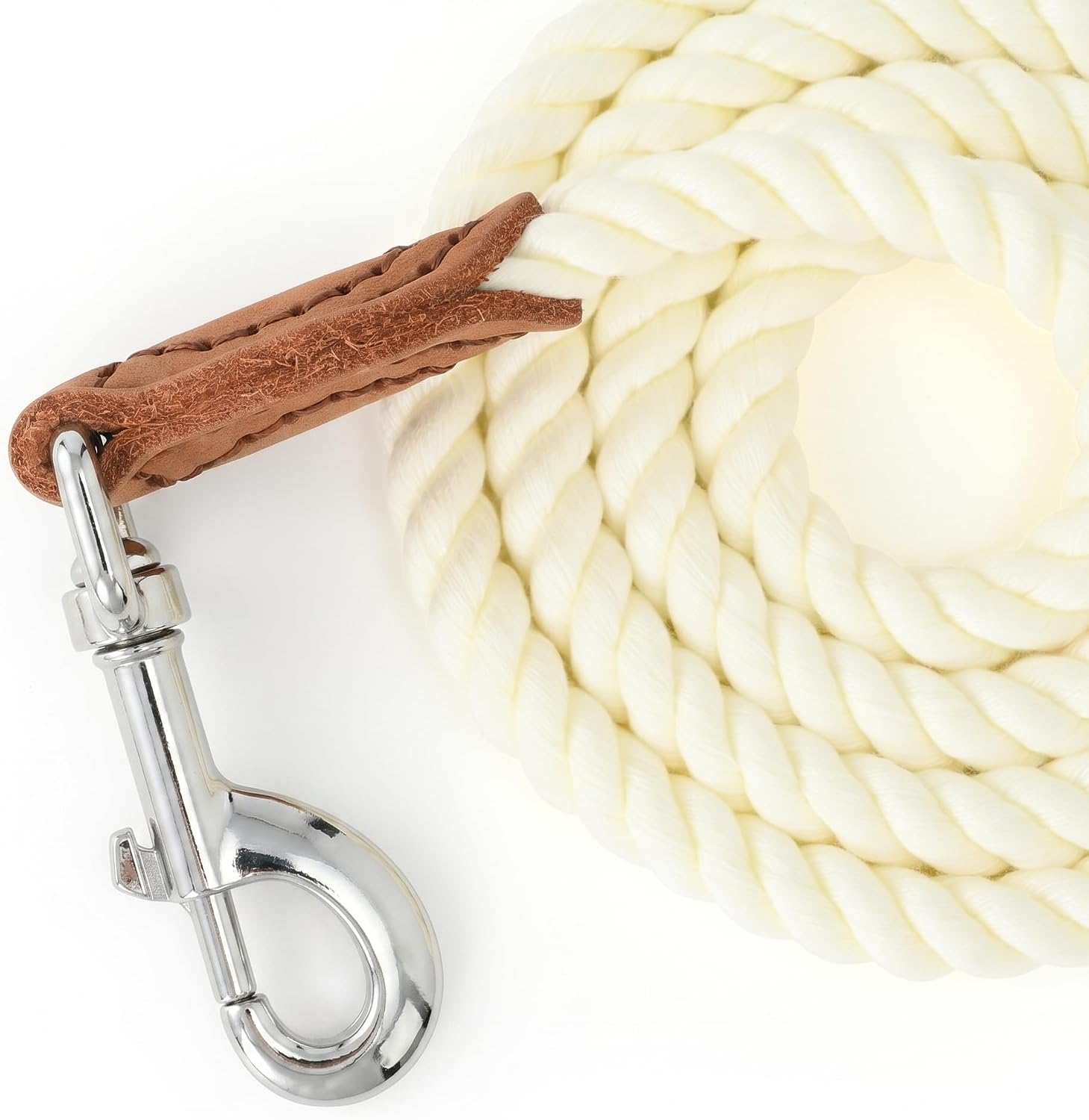 Close up of the genuine leather tailor tip detailing on the Mile High Life cream white luxury dog leash.