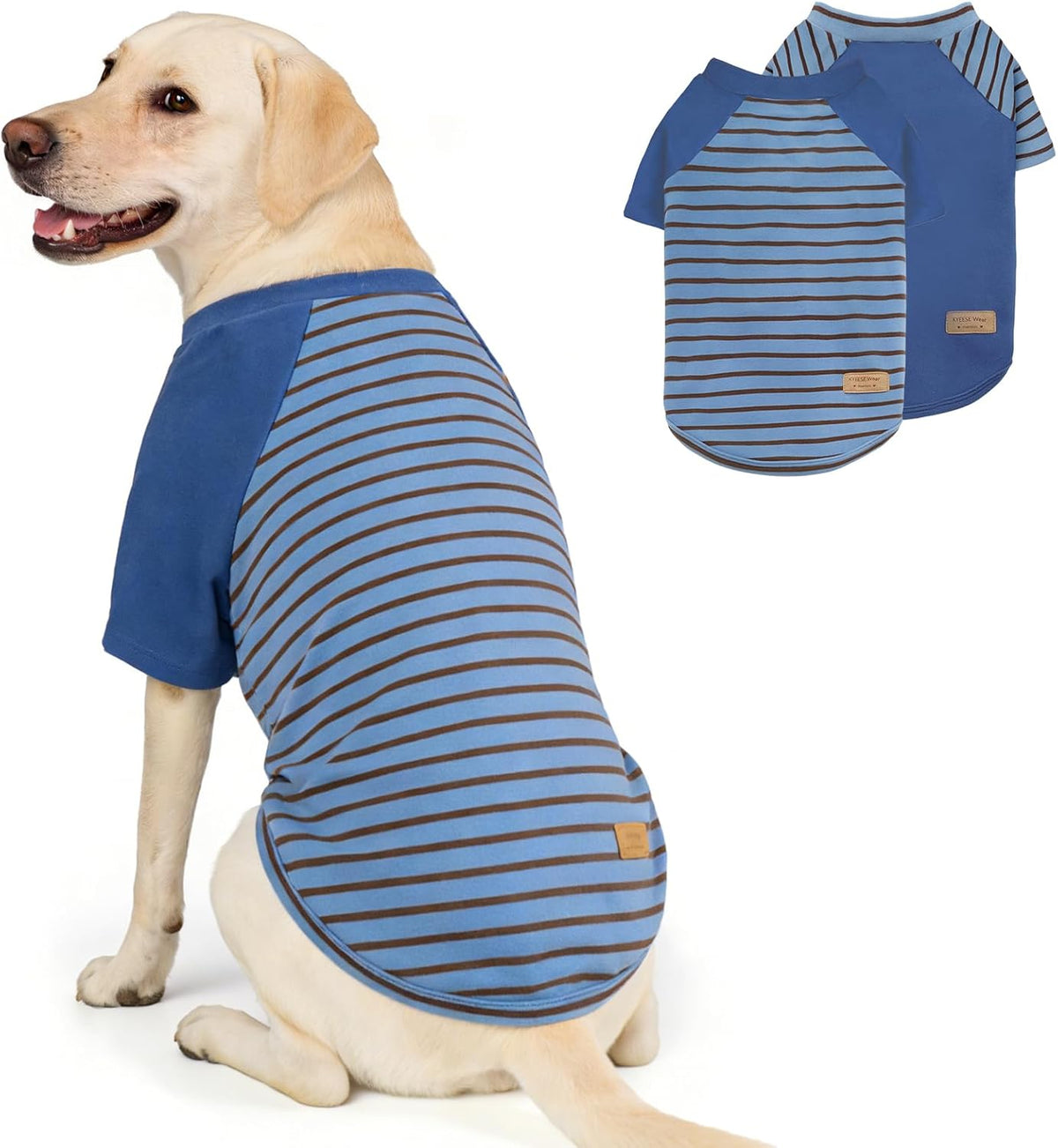 KYEESE two pack dog sweater blue and stripe front view on a large golden retriever