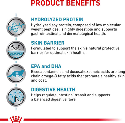 Royal Canin Veterinary Diet Hydrolyzed Protein dry food for cats with sensitive skin and digestive tract.