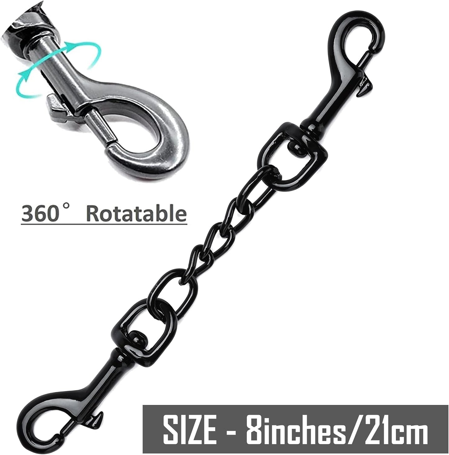 DEYACE safety clip connecting a black dog harness to a metal prong training collar