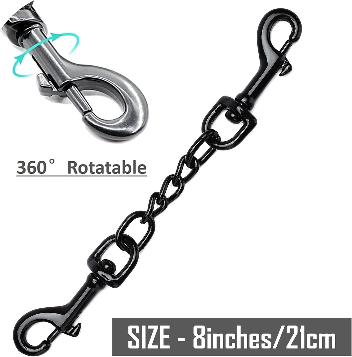 DEYACE safety clip connecting a black dog harness to a metal prong training collar