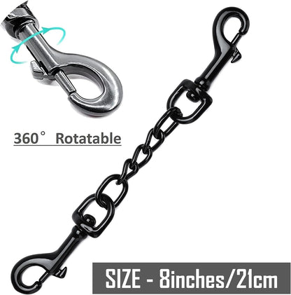 DEYACE safety clip connecting a black dog harness to a metal prong training collar