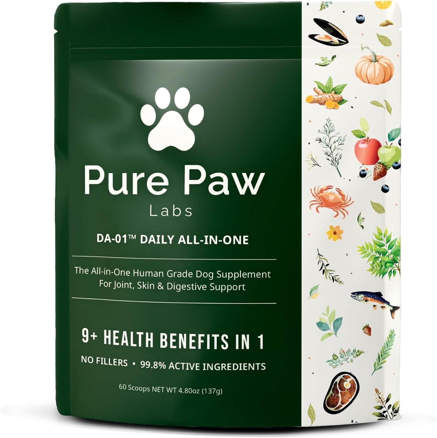 Pure Paw Labs DA-1 Daily All-in-One Dog Supplement Powder front view of packaging for canine gut and joint health.