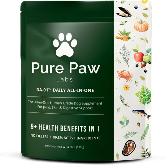 Pure Paw Labs DA-1 Daily All-in-One Dog Supplement Powder front view of packaging for canine gut and joint health.