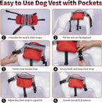 DENTRUN adjustable dog saddlebag pack showing the secure chest and belly buckle straps