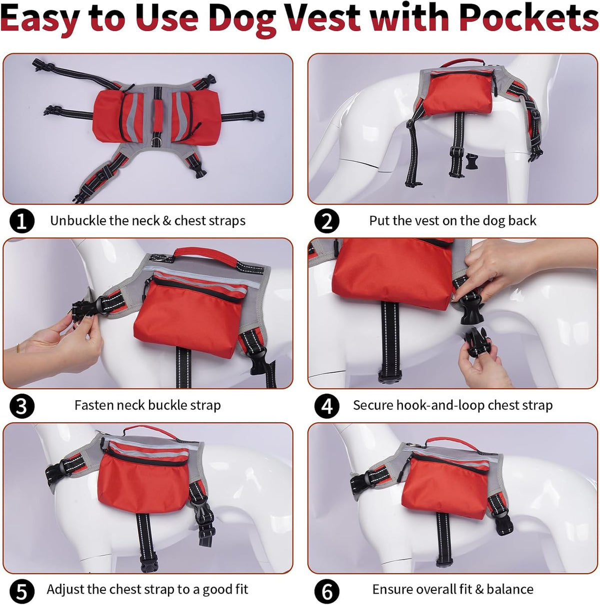 DENTRUN adjustable dog saddlebag pack showing the secure chest and belly buckle straps