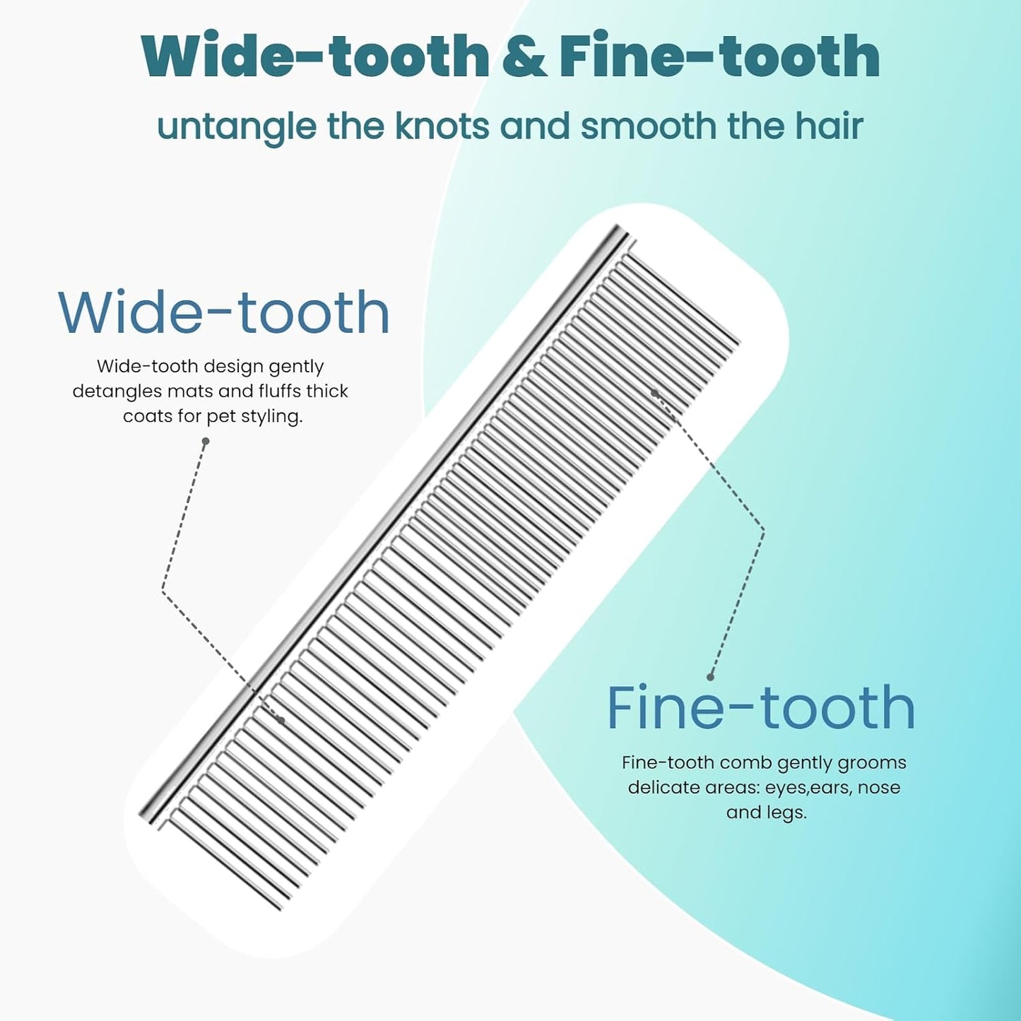 Close up of stainless steel comb teeth for pet grooming