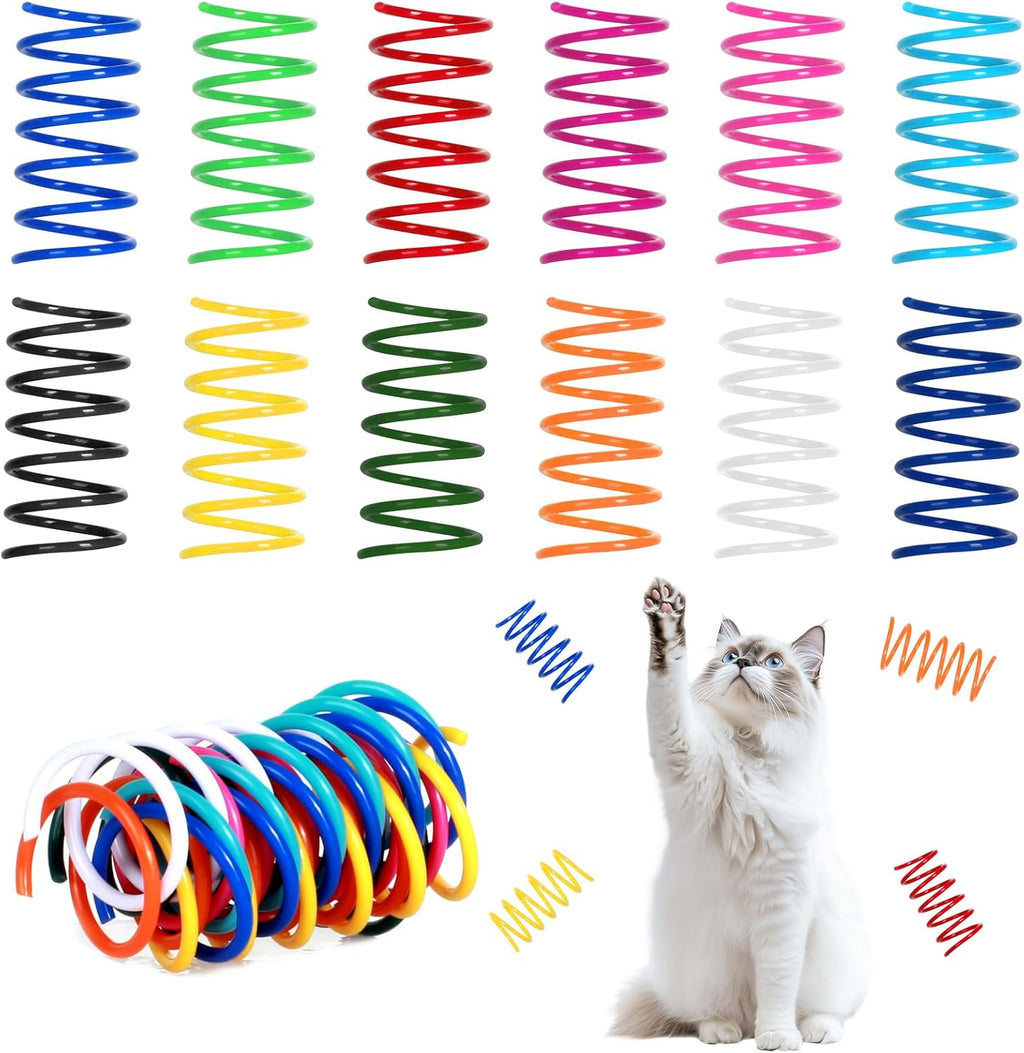 JCSHIMO cat spring toys front view showing colorful plastic coils scattered on the floor.