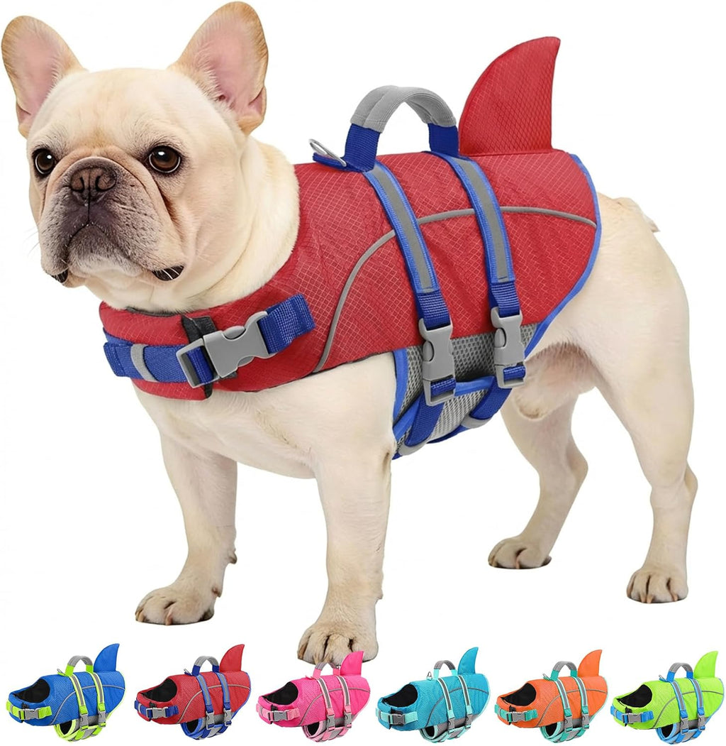AOFITEE small dog life jacket red shark fin front view