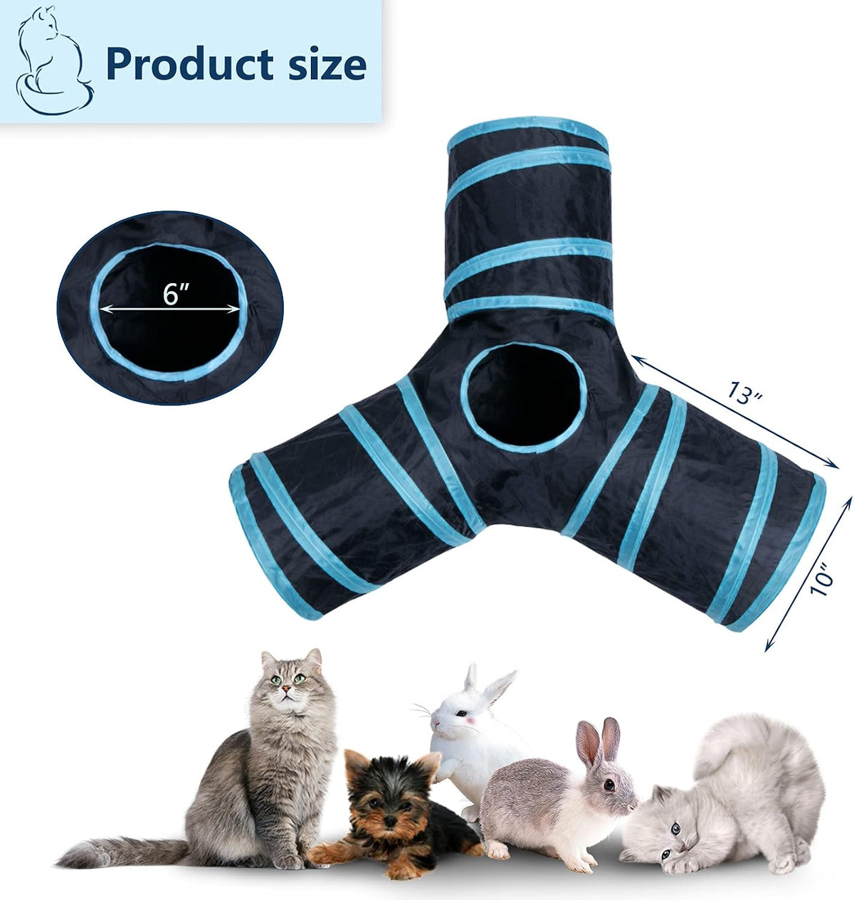 Collapsible pet play tube popped open in a living room demonstrating the center peek-a-boo hole feature.