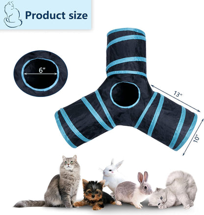 Collapsible pet play tube popped open in a living room demonstrating the center peek-a-boo hole feature.
