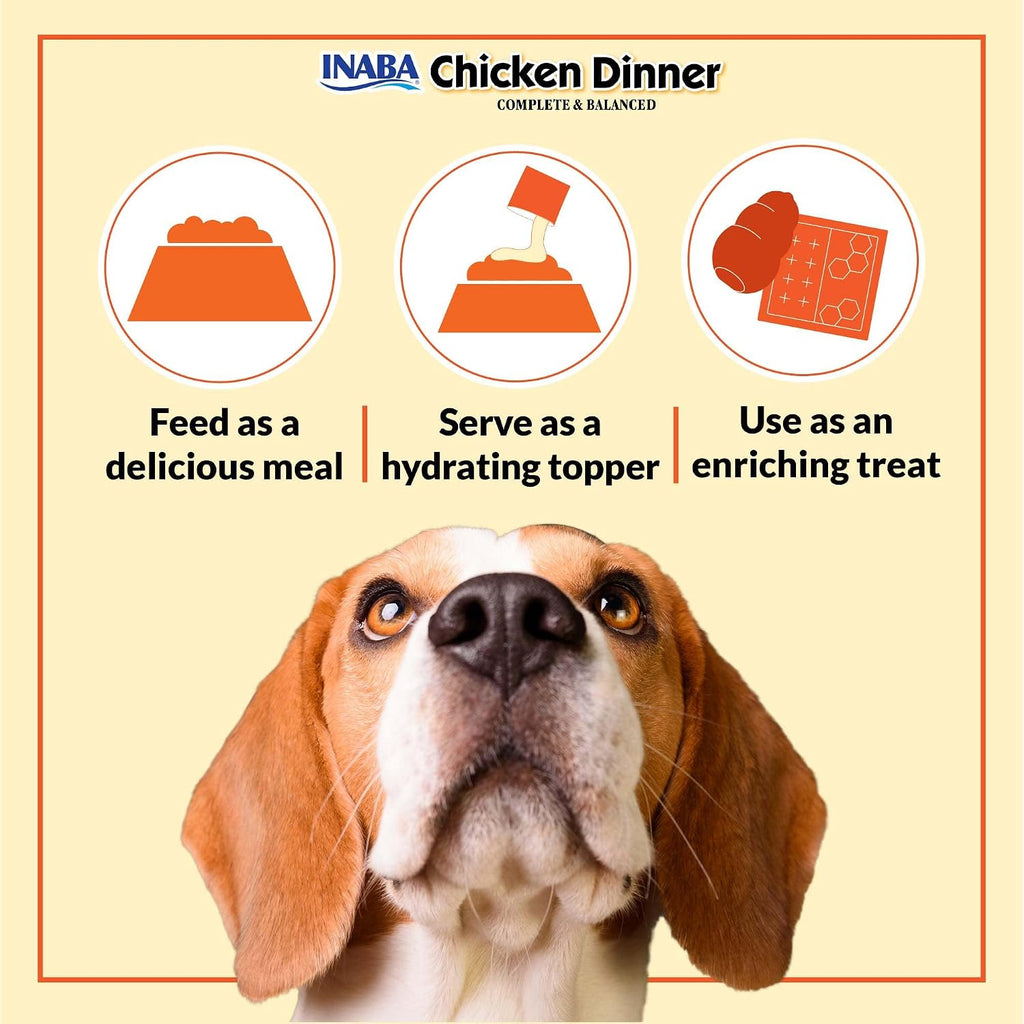 Back of the INABA dog food packaging showing the clear ingredient list and nutritional information guide.