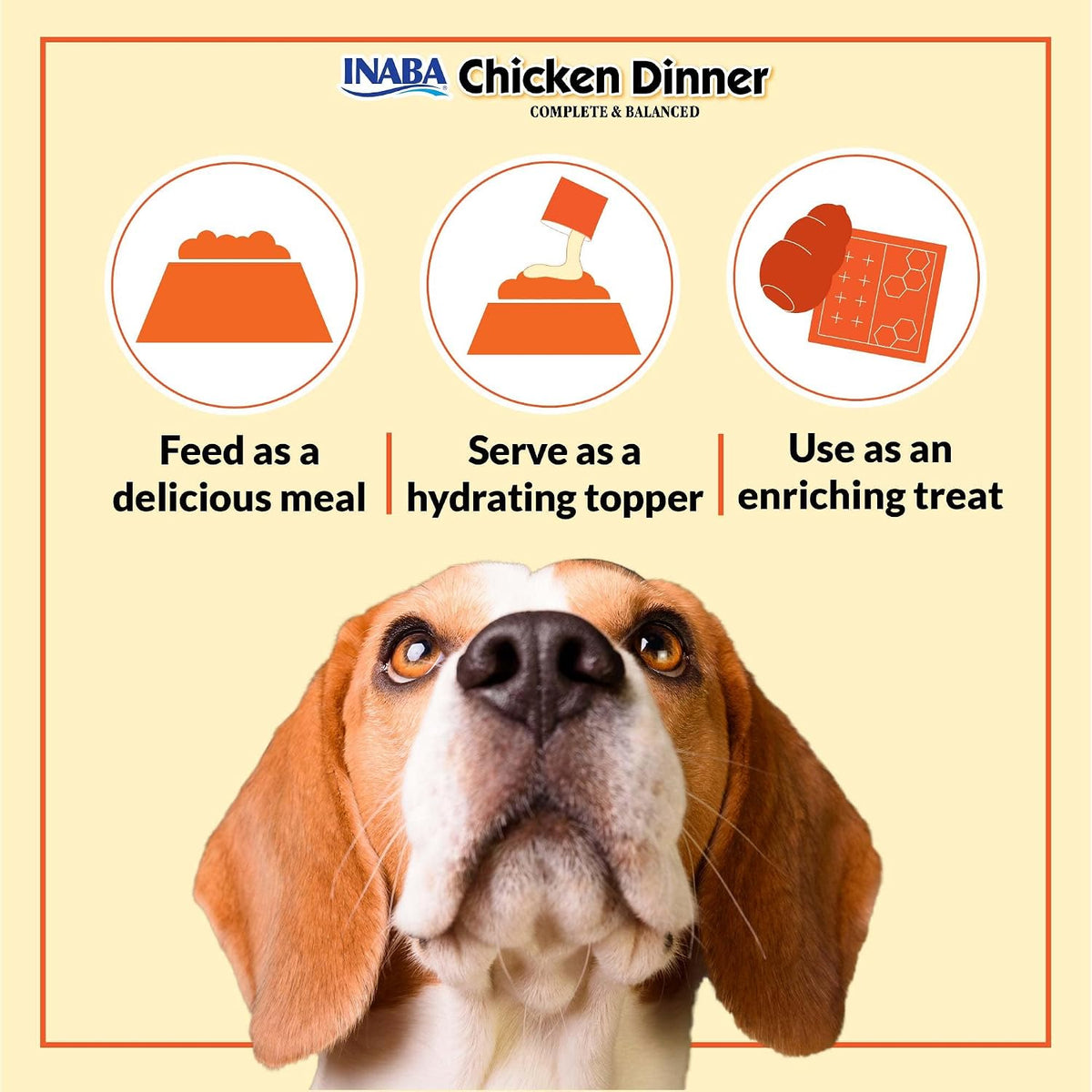 Back of the INABA dog food packaging showing the clear ingredient list and nutritional information guide.