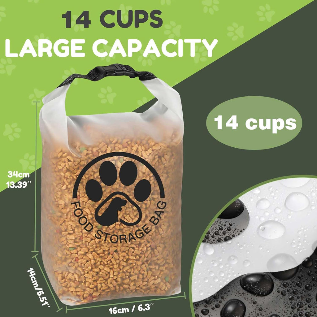 Side profile of transparent pet food storage bag with handle