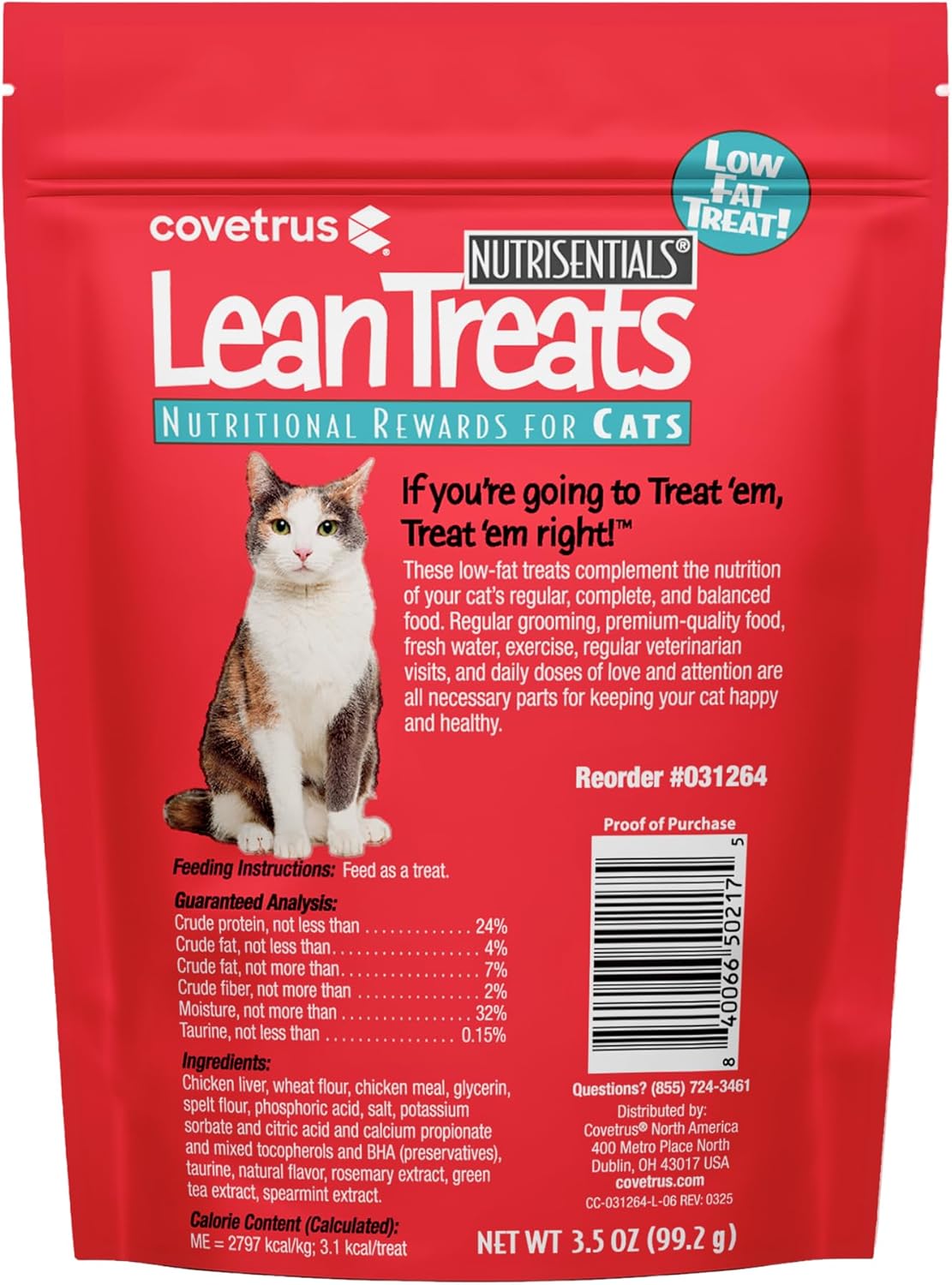 Covetrus low fat chicken flavor cat treats pouch back label