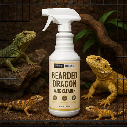 Reptile cleaning supplies arranged with the habitat spray