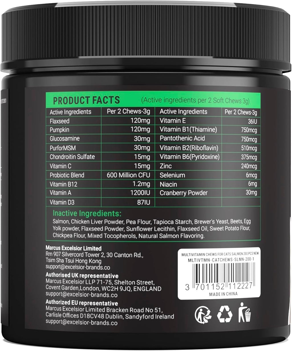 Nutritional benefits panel of the OkkÃ¶bi 200 count cat multivitamin detailing omega-3 and glucosamine levels.