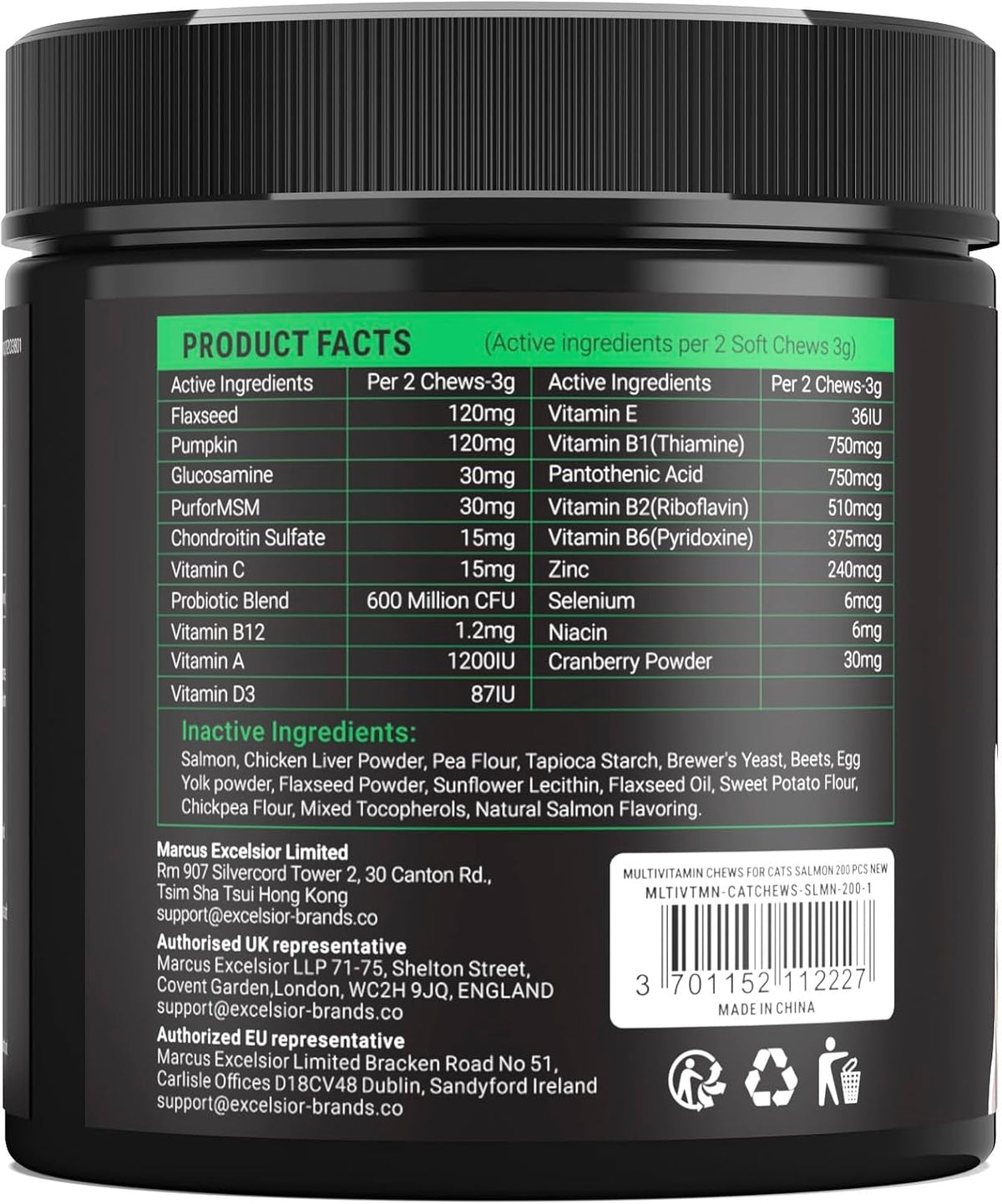 Nutritional benefits panel of the OkkÃ¶bi 200 count cat multivitamin detailing omega-3 and glucosamine levels.