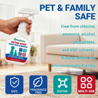 Clear unscented enzyme carpet cleaner spray application on upholstery fabric.