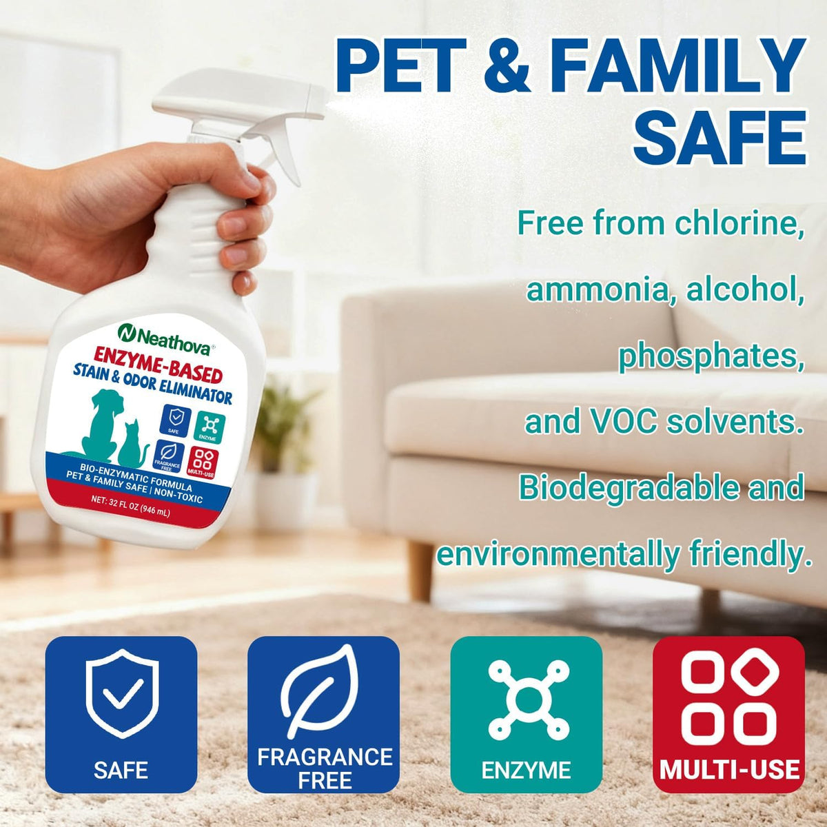 Clear unscented enzyme carpet cleaner spray application on upholstery fabric.