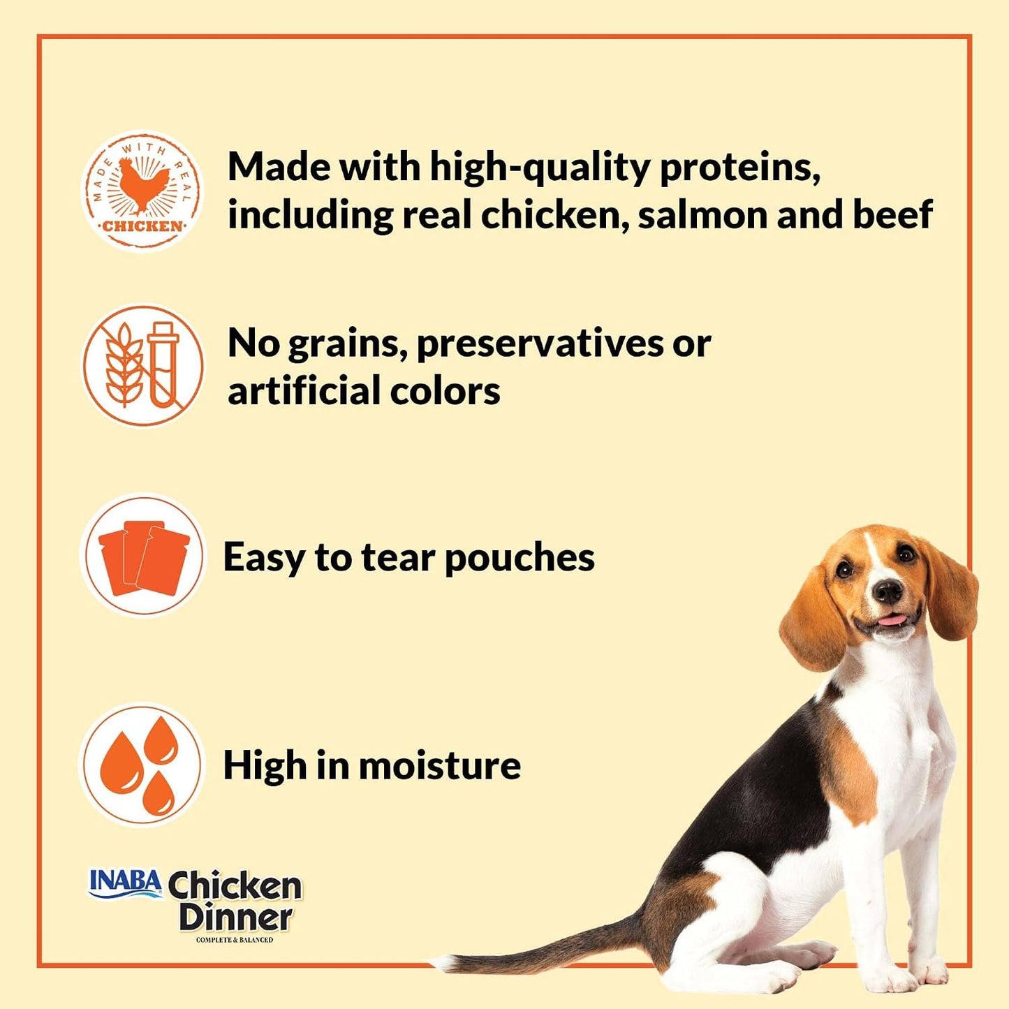 INABA grain free hydrating wet dog food pouch being poured out to demonstrate its velvety pate consistency.