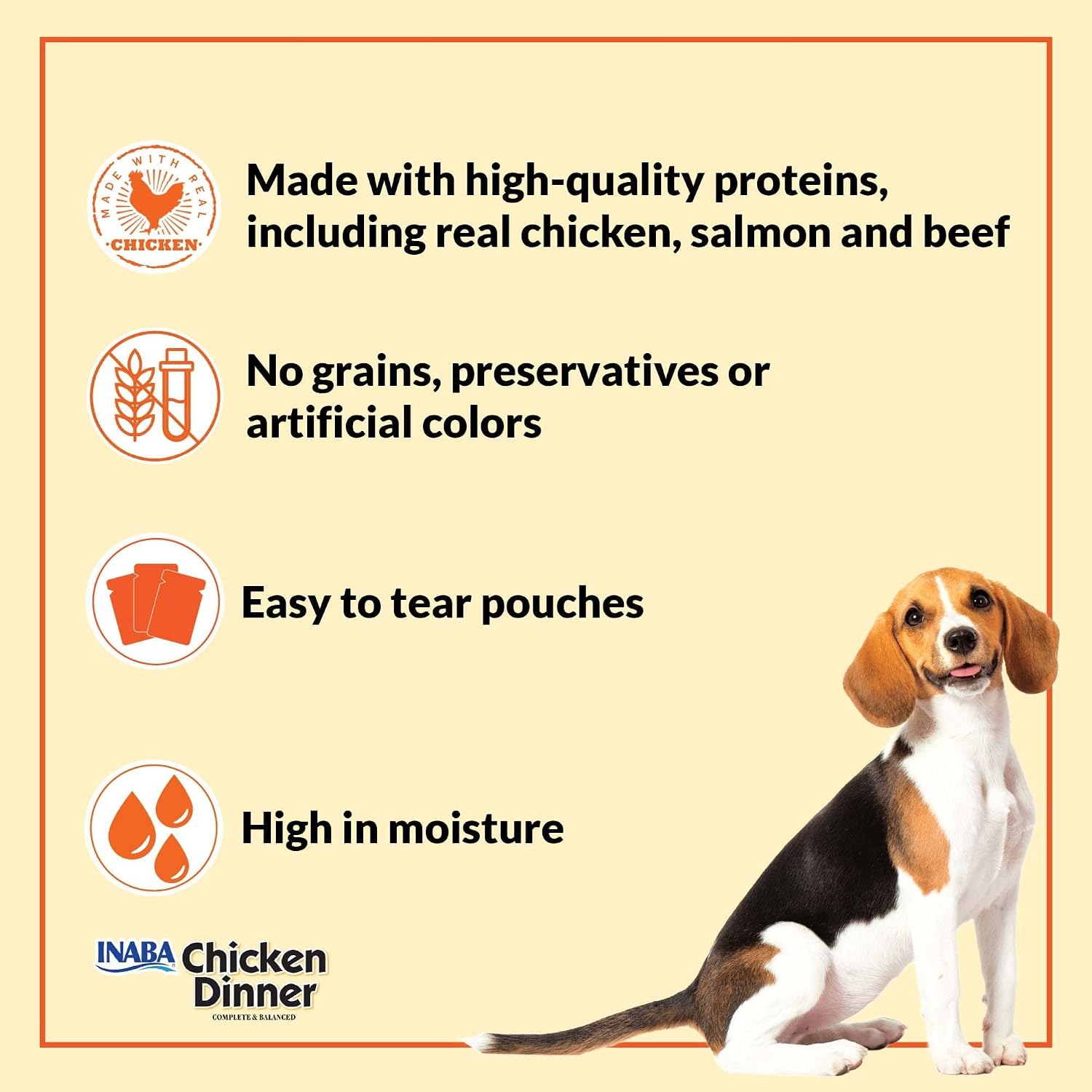 INABA grain free hydrating wet dog food pouch being poured out to demonstrate its velvety pate consistency.