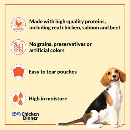 INABA grain free hydrating wet dog food pouch being poured out to demonstrate its velvety pate consistency.