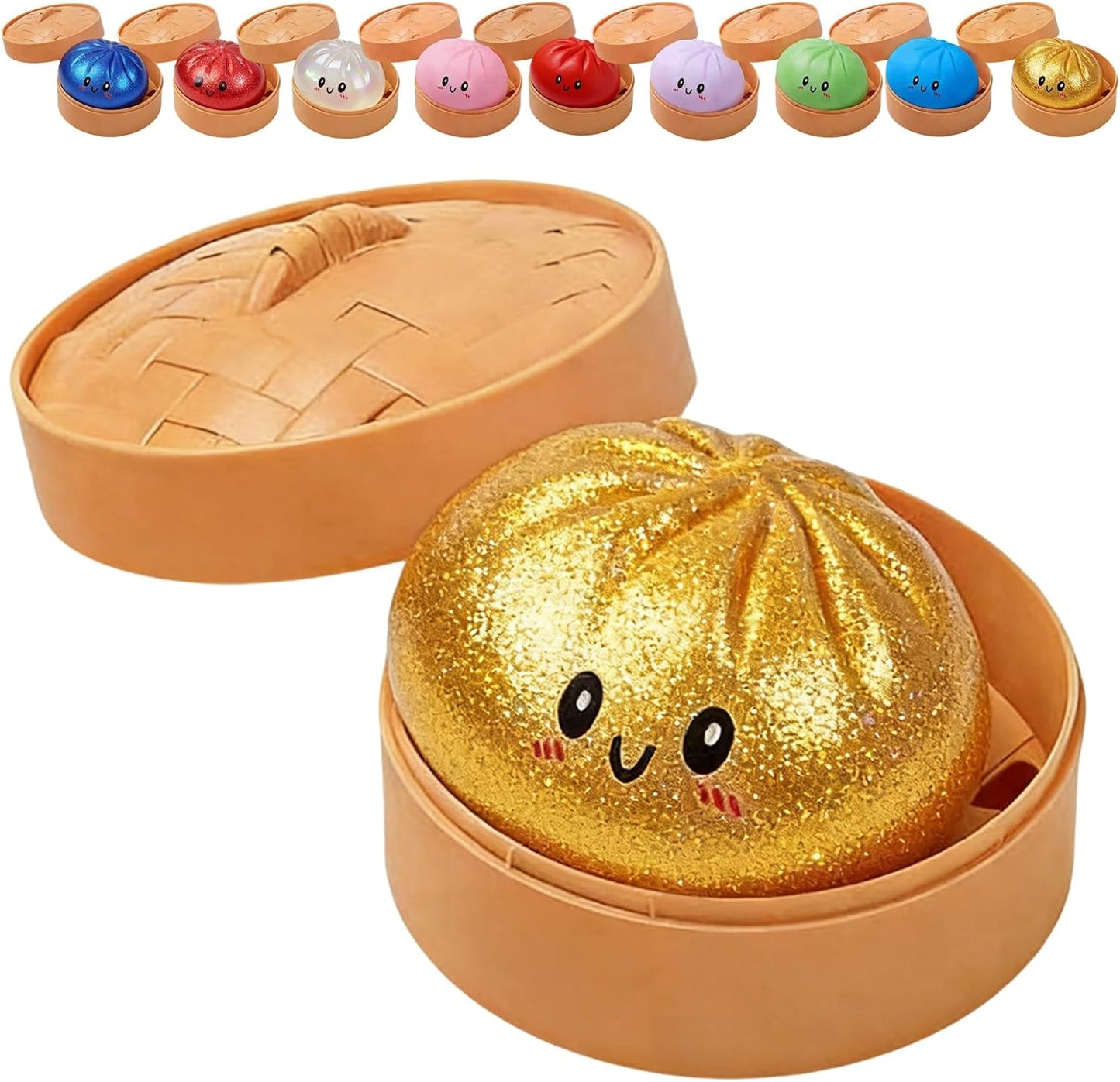 Koconh Glitter Dumpling Squishy Toy front view showing the gold glitter-infused texture and cute facial expression.