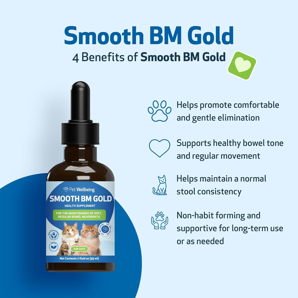 Pet Wellbeing Smooth BM Gold bottle next to a measuring spoon