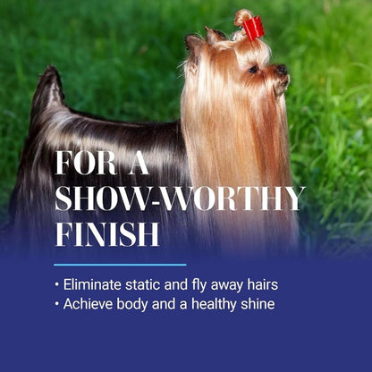 Professional show dog finishing mist designed for all coat types and colors to tame flyaways
